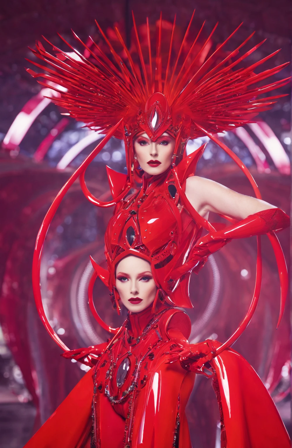 A beautiful redhead female pop artist all red sleek futuristic outfit, with huge headpiece center piece, clean makeup, with depth of field, fantastical edgy and regal themed outfit, captured in vivid colors, embodying the essence of fantasy, minimalist, film grain