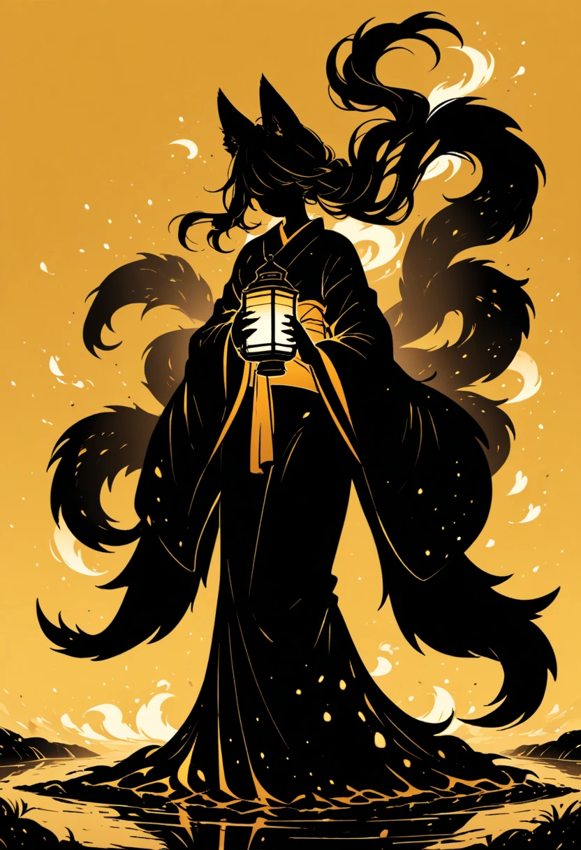  Black Silhouette Art,  girl, fox ears,  flowing hair, Fluffy long hair,  minimalist, Three Tails ,  Pointed Fox Tails , Yellow background, Long nails, Holding a lantern,  Wobbly Kimono , Wide sleeves,