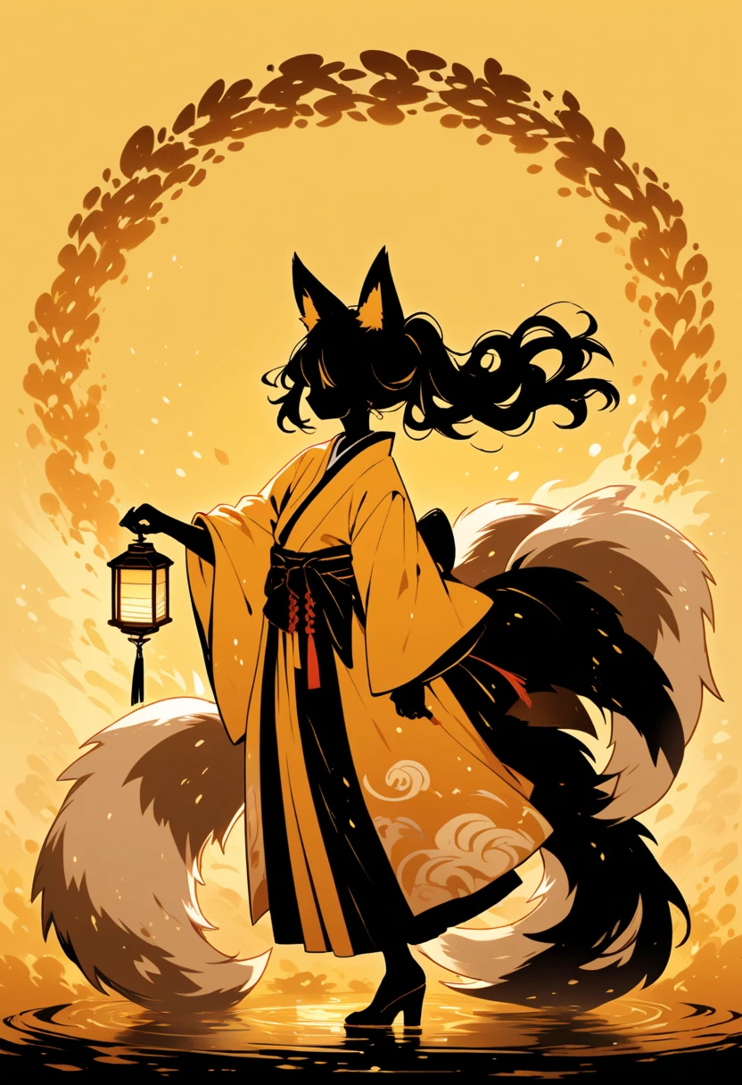  Black Silhouette Art,  girl, fox ears,  flowing hair, Fluffy long hair,  minimalist, Three Tails ,  Pointed Fox Tails , Yellow background, Long nails, Holding a lantern,  Wobbly Kimono , Wide sleeves,