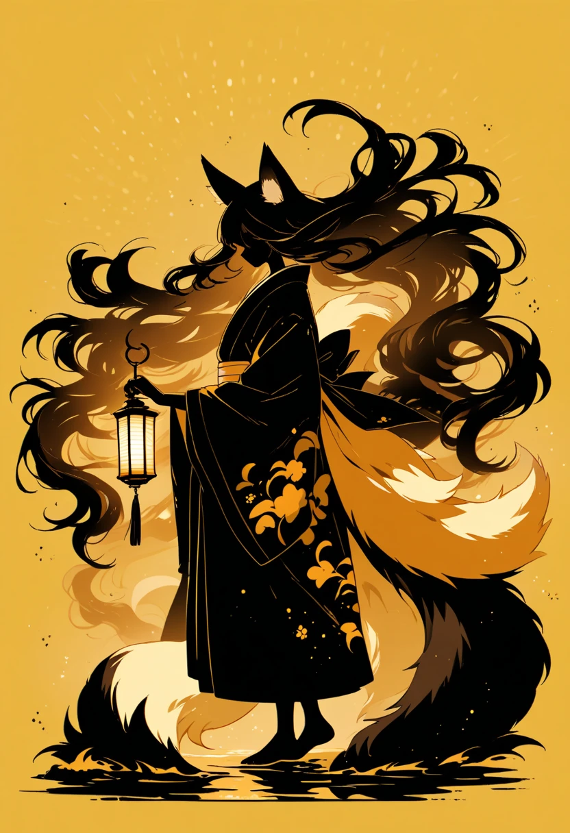  Black Silhouette Art,  girl, fox ears,  flowing hair, Fluffy long hair,  minimalist, Three Tails ,  Pointed Fox Tails , Yellow background, Long nails, Holding a lantern,  Wobbly Kimono , Wide sleeves,