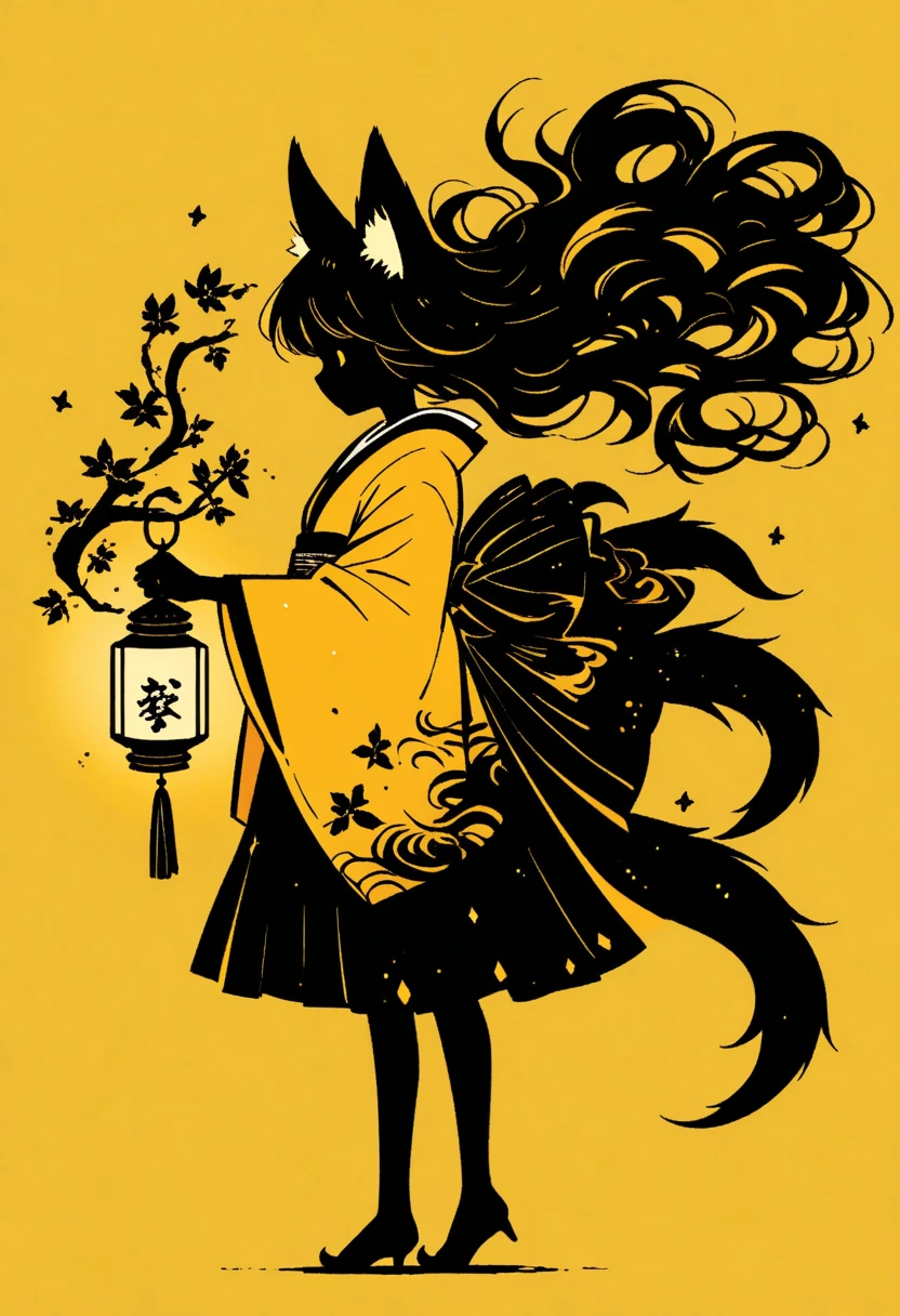  Black Silhouette Art,  girl, fox ears,  flowing hair, Fluffy long hair,  minimalist, Three Tails ,  Pointed Fox Tails , Yellow background, Long nails, Holding a lantern,  Wobbly Kimono , Wide sleeves,