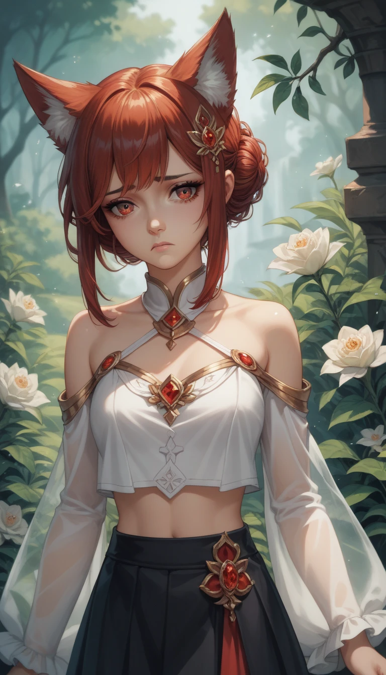 young girl, short red hair, fox ears, red eyes, sad, white lush shirt, transparent sleeves, open belly, open shoulders, long black skirt, Old Russian style, Magic Academy, Masterpiece, best quality, Full HD, 8k, ultra details, great graphic, anime style, 2D, detailed eyes, beautiful eyes, beautiful face, beautiful clothes, beautiful body, wonderful design