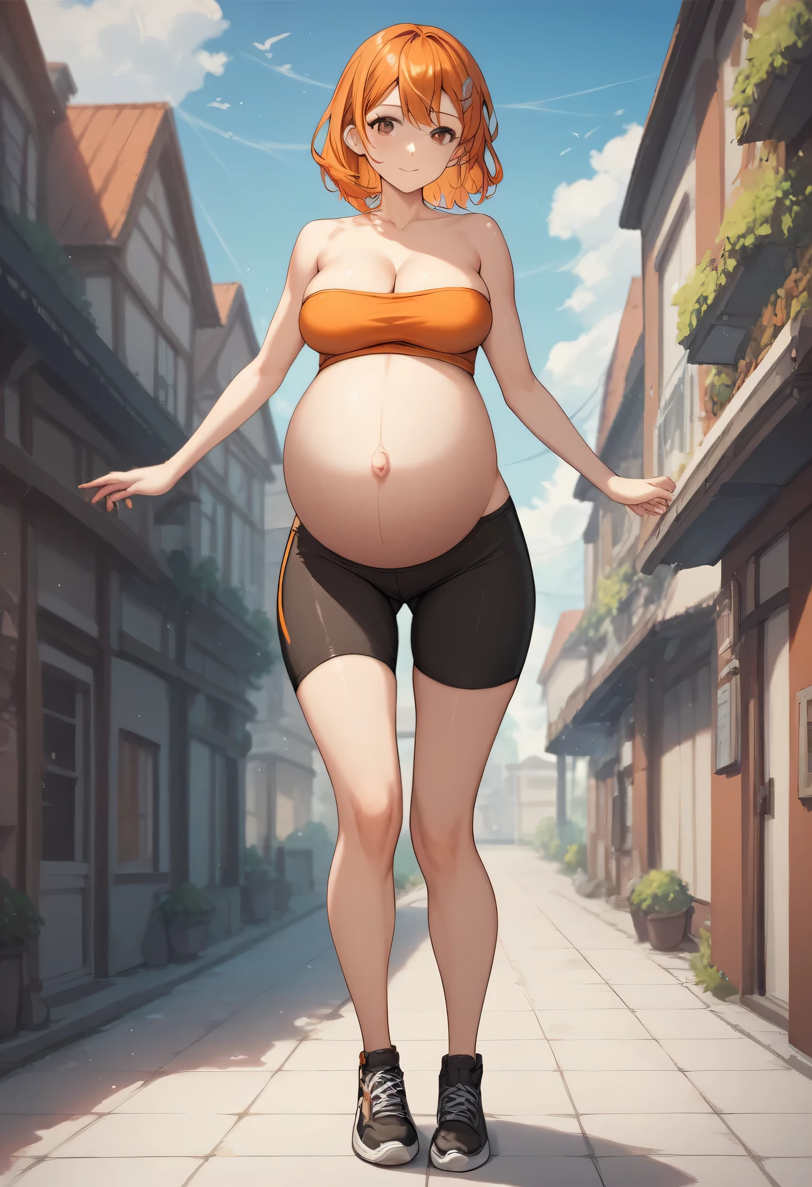 an anime drawing of a female with a huge cleavage standing next to a building, 1girl, breasts, solo, cleavage, medium hair, large breasts, orange hair, full body, black shoes in flats, bike shorts, orange cropped tube top, brown eyes, small black shorts, hd, navel, pregnant woman