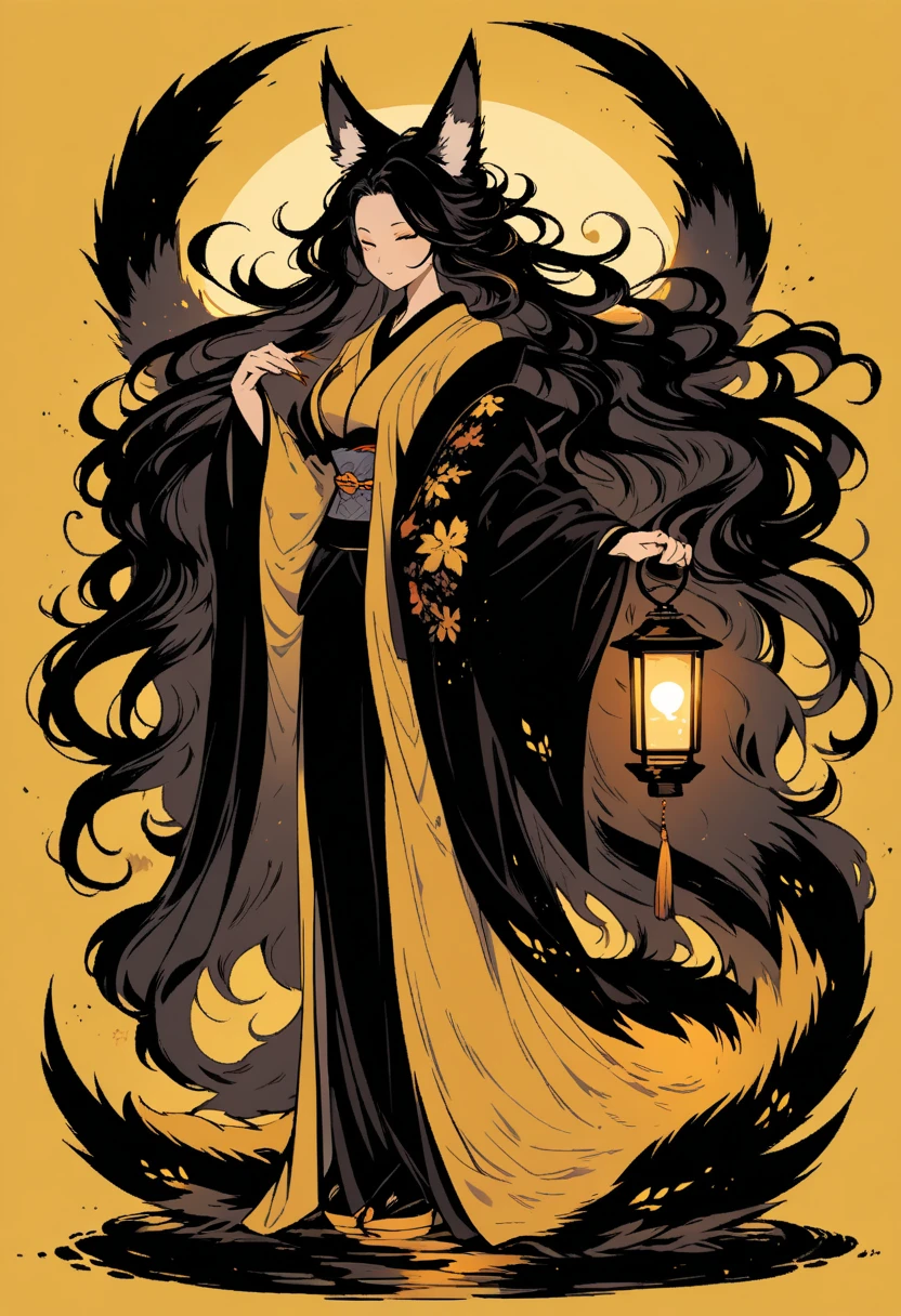  Black Silhouette Art,  girl, fox ears,  flowing hair, Fluffy long hair,  minimalist, Three Tails ,  Pointed Fox Tails , Yellow background, Long nails, Holding a lantern,  Wobbly Kimono , Wide sleeves,