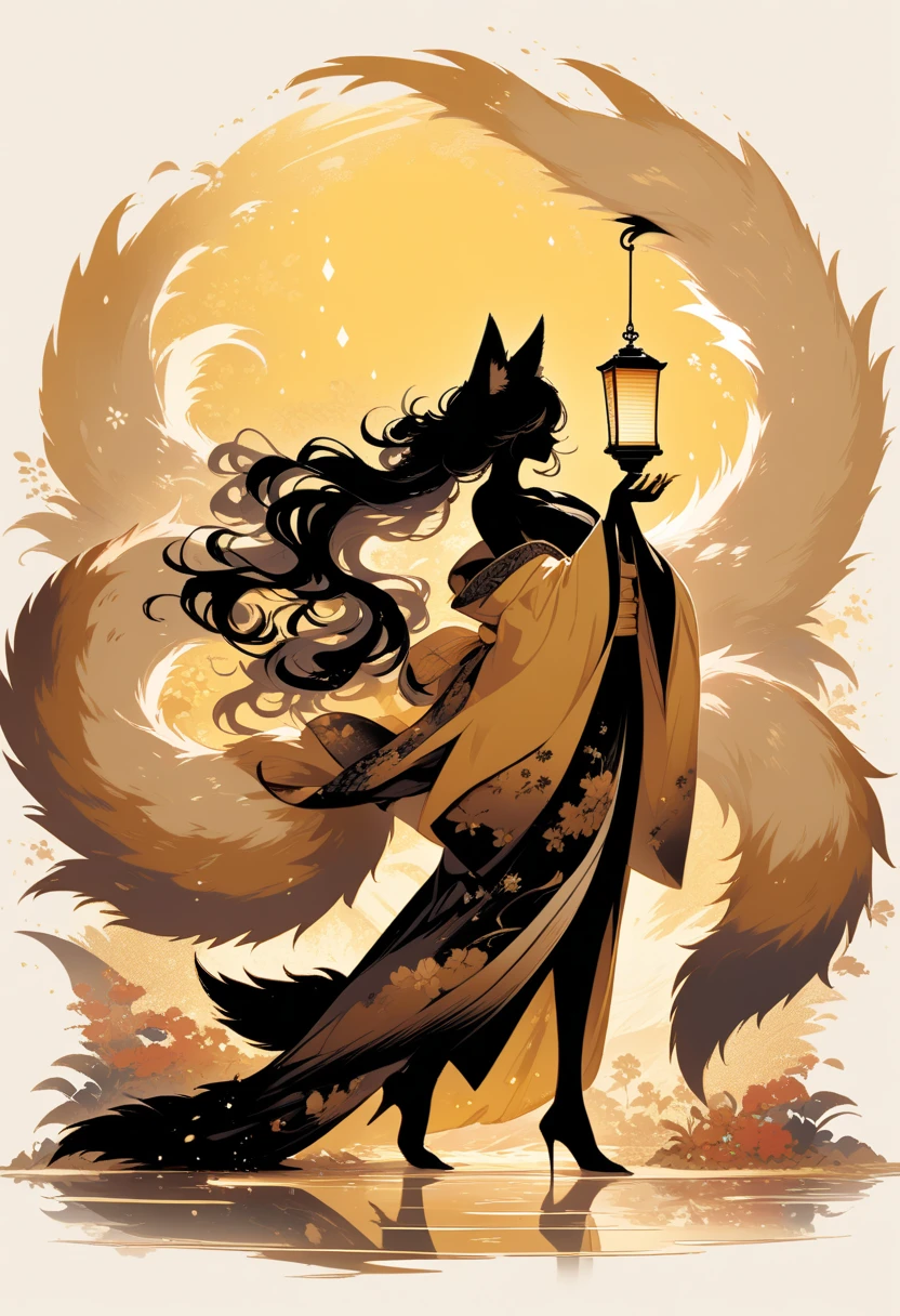  Black Silhouette Art,  mature woman, fox ears,  flowing hair, Fluffy long hair,  minimalist, Three Tails ,  Pointed Fox Tails , Yellow background, Long nails, Holding a lantern, Undressed kimono, Wide sleeves,