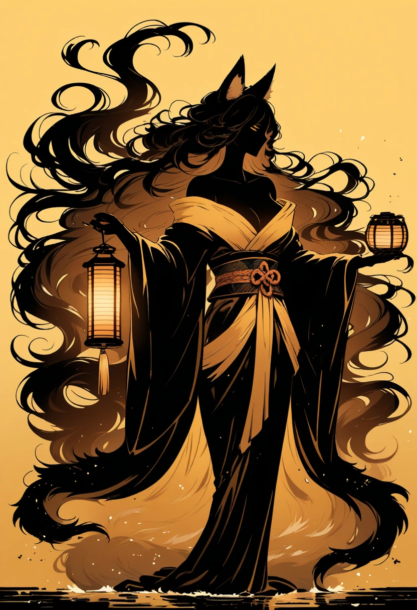  Black Silhouette Art,  girl, fox ears,  flowing hair, Fluffy long hair,  minimalist, Three Tails ,  Pointed Fox Tails , Yellow background, Long nails, Holding a lantern,  Wobbly Kimono , Wide sleeves,