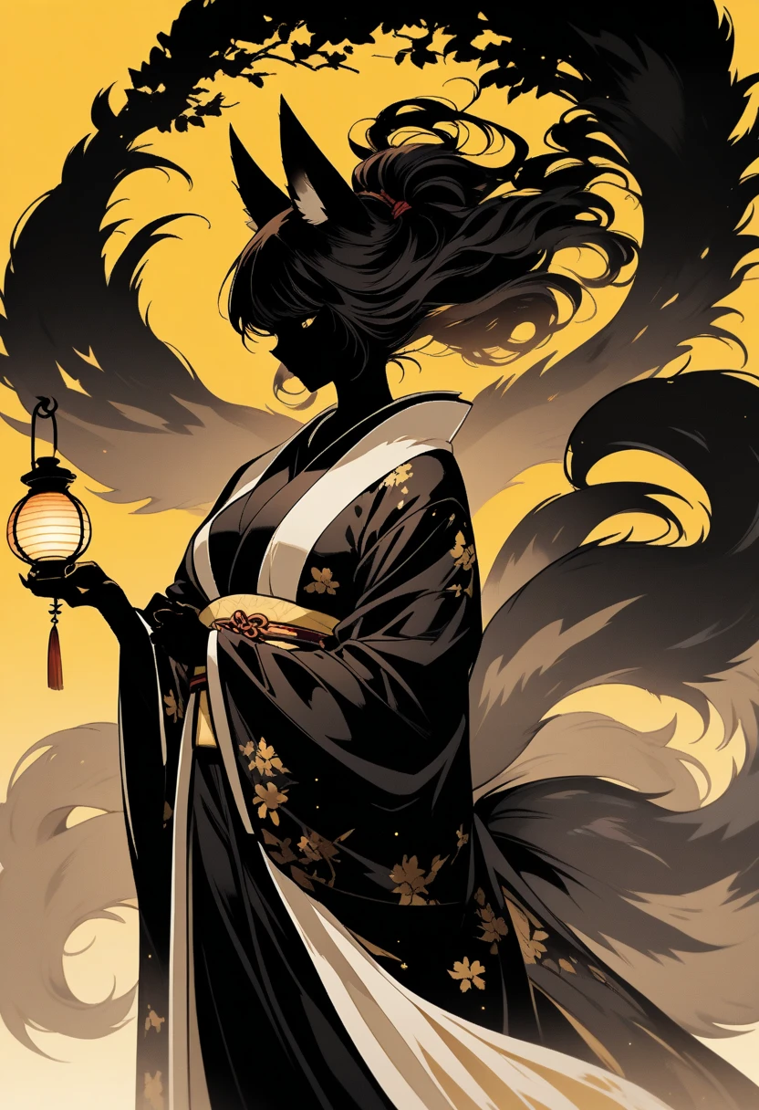  Black Silhouette Art,  girl, fox ears,  flowing hair, Fluffy long hair,  minimalist, Three Tails ,  Pointed Fox Tails , Yellow background, Long nails, Holding a lantern,  Wobbly Kimono , Wide sleeves,