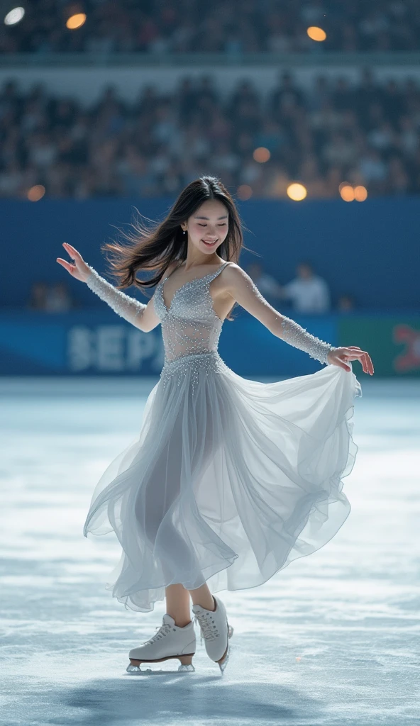 (Ice Dance:1.2), Figure skating, young Japanese woman, beautiful platinum dress, smiling face, beautiful pose, realistic image, cinematic experience, UHD image, realistic, photorealistic, ultra-realistic, vivid, RAW photo, DSLR