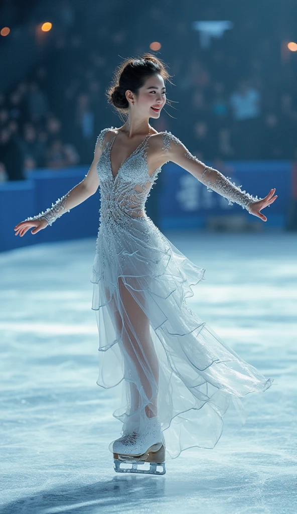 (Ice Dance:1.2), Figure skating, young Japanese woman, beautiful platinum dress, smiling face, beautiful pose, realistic image, cinematic experience, UHD image, realistic, photorealistic, ultra-realistic, vivid, RAW photo, DSLR