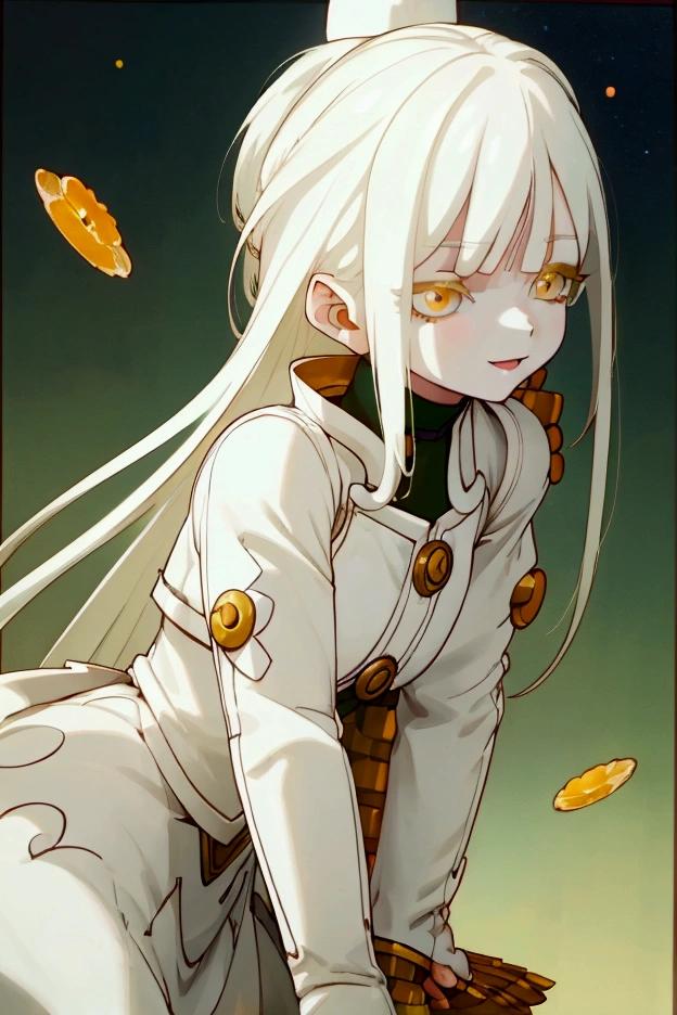 ((Masterpiece:1.5, Best Quality, High Resolution:1.3, Super Resolution, Super Detailed, Ultra Detailed:1.3, Perfect Anatomy:1.5, 1 Female) Pale Skin + White Straight Hair, White Eyelashes, Long Bangs + Honey Eyes + Pale Long Eyelashes + Female Figure (Warm Fluffy Outfit) ((Pretty Eyes, Cheerful Expression))