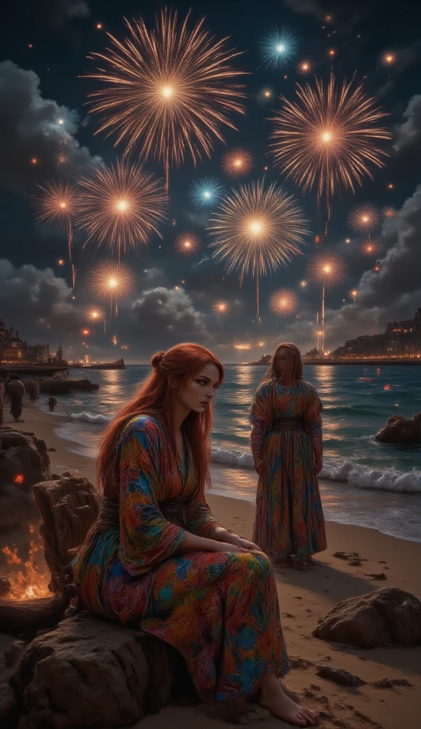 masterpiece, 8k, HDR, 3D, best quality, photograph, analog style, real life, extremely beautiful, (highly detailed, intricately detailed), (highly detailed skin), (alluring eyes), An image of a warm summer night in a city by the sea. On the beach is (1female), small waist, (long straight autumn red hair), brown eyes, smile, jewelry, wearing a colorful silk robe, who has come to enjoy the fireworks display. The sky is clear, and the stars are just beginning to peek out timidly. Suddenly, the first rocket explodes in the sky, creating a circle of brilliant lights that illuminate the waves of the sea and draws exclamations of wonder from the audience. The fireworks continue, each one more spectacular than the last, painting the night sky with vibrant colors and dazzling patterns. The reflections of the lights dance on the surface of the water, creating a magical image. The female watches with eyes full of wonder. The show culminates with a grand final explosion that lights up the entire beach and leaves it breathless.