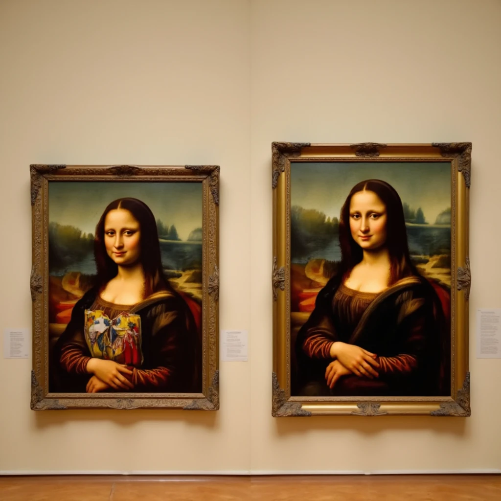 
Two images, clothed and naked of a painting of mona lisa hanging on wall