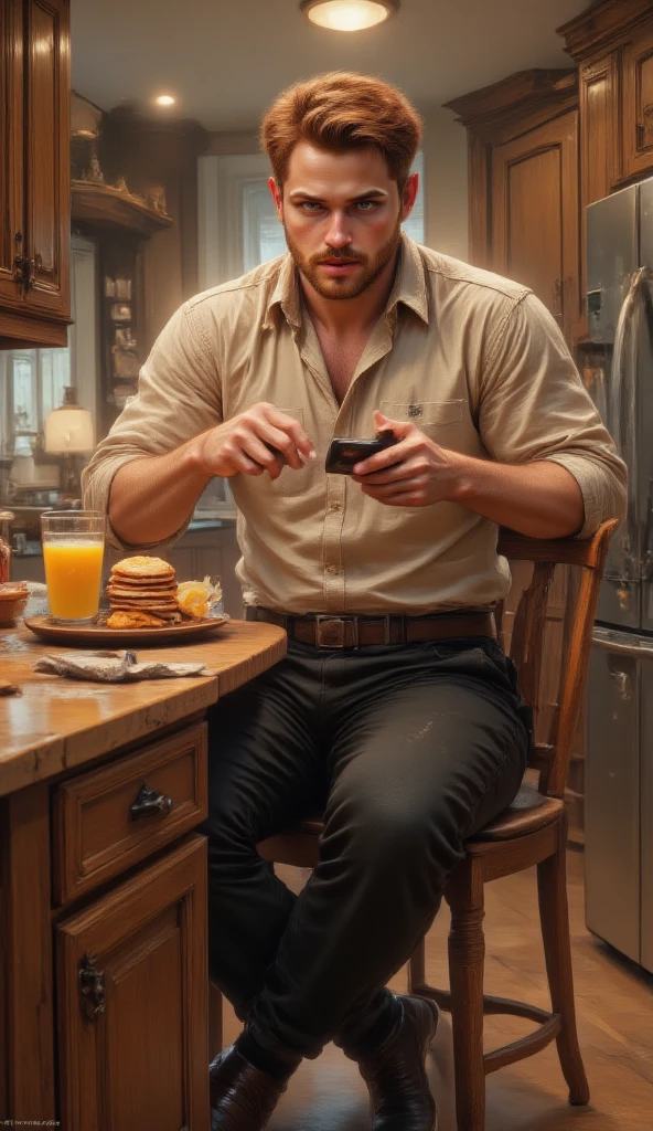 masterpiece, 8k, HDR, 3D, best quality, photograph, analog style, real life, extremely beautiful, (highly detailed, intricately detailed), (highly detailed skin), (alluring eyes), very aesthetic, absurd, (1 man), (short goatee), short red hair, brown eyes, smile, black pants, beige shirt, sitting in kitchen eating breakfast, orange juice, eggs, pancakes, with cell phone resting on counter, looking at it, landscape, real world location, indoor