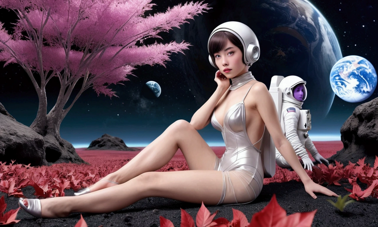 girl wearing smooth gleaming chrome plain armor, BREAK, 1girl, (from side:0.4), sleeveless, shoulder, detailed face, looking at viewer, (sideboob:1.4), (thigh:1.2), (gigantic breasts:1.2), dreamlike fantasy environtment, silver flowers, planetary constellation, goddess, new world,