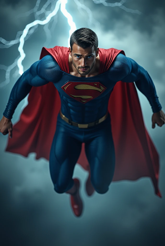 c3v4n4 with an undercut haircut combed back, A full body shot of a charismatic male fitness model, 30 years old，small beard, Sexy and charming expression，gloomy eyes，Blue eyes, captured flying through the sky, Dark clouds lightning background, wetclothes, dressed in tight blue Superman suit, a red cape falls behind his shoulders, and he wears red supehero boots, cinematic and moody, (best quality,4k,8k,highres,masterpiece:1.2),ultra-detailed,(realistic,photorealistic,photo-realistic:1.37),HDR,studio lighting,professional,vivid colors,dramatic lighting