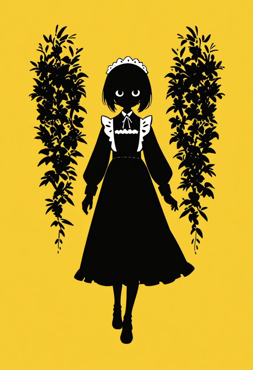  Black Silhouette Art,  young woman, Full body jet black , white short bob,  Victoria Maid,  minimalist, Yellow background, Long, narrow eyes:1.3, eyelash, Teapot, Pour tea into a teacup,  graceful silhouette ,  Graceful Pose 