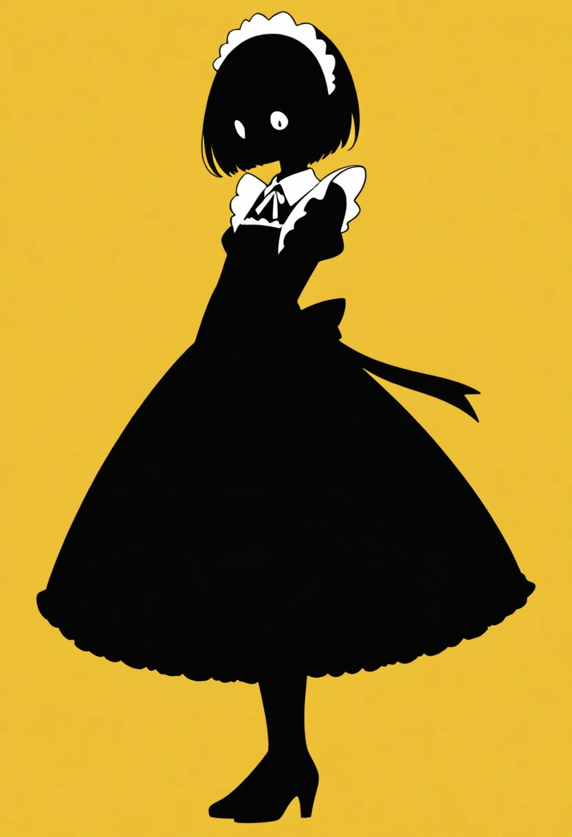  Black Silhouette Art,  young woman, Full body jet black , white short bob,  Victoria Maid,  minimalist, Yellow background, Long, narrow eyes:1.3, eyelash, Teapot, Pour tea into a teacup,  graceful silhouette ,  Graceful Pose 