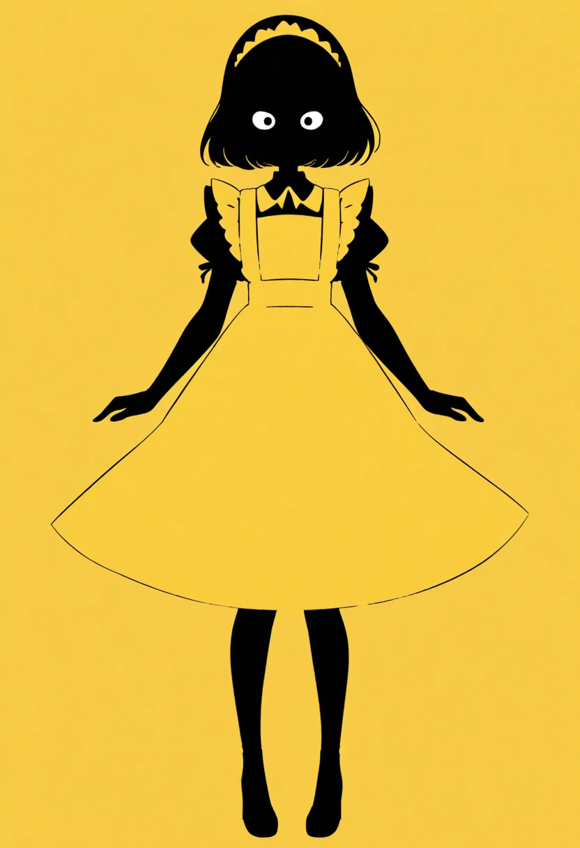  Black Silhouette Art,  young woman, Full body jet black , white short bob,  Victoria Maid,  minimalist, Yellow background, Long, narrow eyes:1.3, eyelash, Teapot, Pour tea into a teacup,  graceful silhouette ,  Graceful Pose 