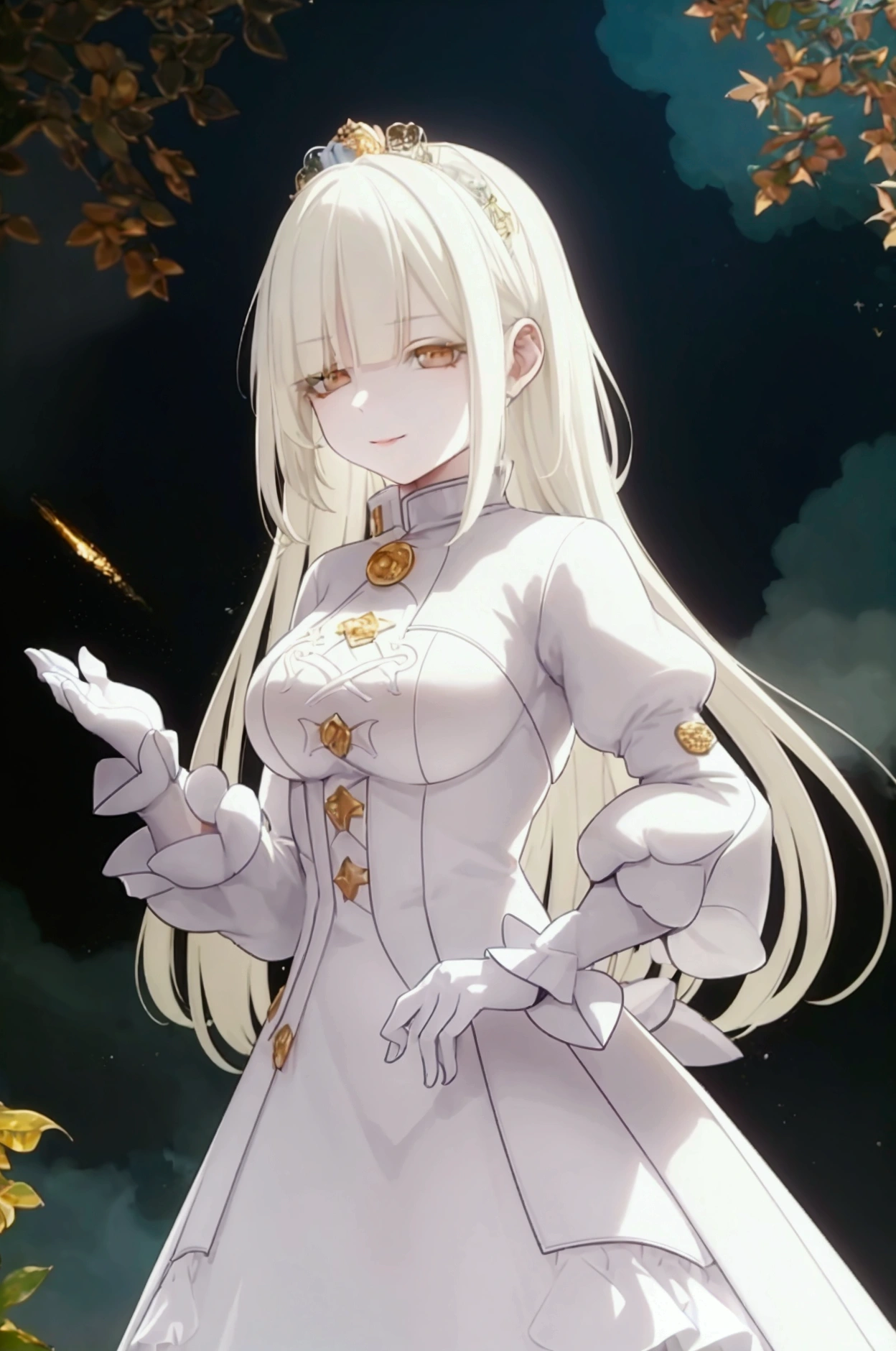 ((Masterpiece:1.5, Best Quality, High Resolution:1.3, Super Resolution, Super Detailed, Ultra Detailed:1.3, Perfect Anatomy:1.5, 1 Female) Pale Skin + White Straight Hair, White Eyelashes, Long Bangs + Honey Eyes + Pale Long Eyelashes + Female Figure (Warm Fluffy Outfit) ((Pretty Eyes, Cheerful Expression))