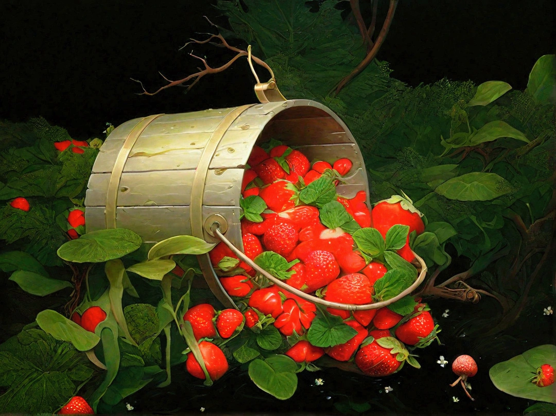 Fantasy Surrealism in the style of Brian Froud and James Christensen. Ultra-detailed 3D, 16K. image of a overturned bucket of strawberries. an enchanted fairy glade where over a dozen mushroom people gather around the oaken bucket full. lush greenery in the mushroom people forest with translucent Aspidium filix mas sprouting from the ground macro . Apply chiaroscuro, in the style of teddi mansueto, yami-yami, Alphonse Mucha, Arthur Rackham