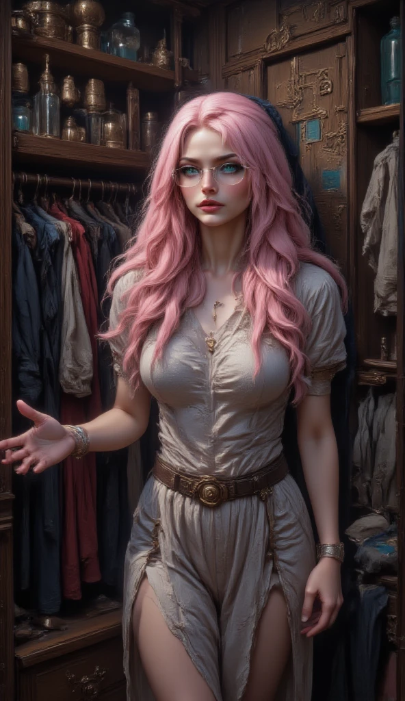 masterpiece, 8k, HDR, 3D, best quality, photograph, analog style, real life, extremely beautiful, (highly detailed, intricately detailed), (highly detailed skin), (alluring eyes), very aesthetic, absurd, (1female), small waist, (pastel pink long curly hair), detailed hair, green eyes, reading glasses, mascara, bright red lips, thin lips, smile, clothes hanging, in the closet, hand outstretched over clothes and look at what she will wear that day, landscape, real world location, indoor