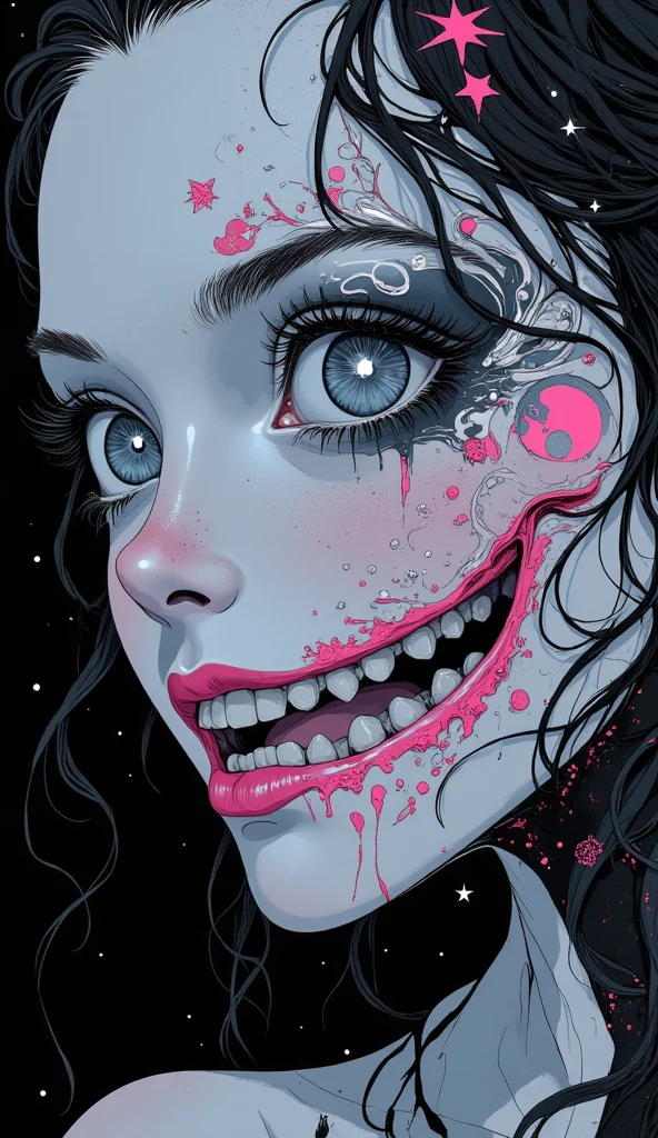 Close up.
an adult man.
 Crystalline gray eyes, brilliant, dazzling , bioluminescentes, Tattooed star on the eyeball, white neon lines . 
 snow-white skin .
pink lips.
 demonic smile . 
teeth showing.
 Simple black background .