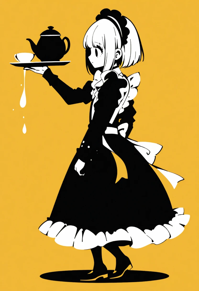  Black Silhouette Art,  young woman, Full body jet black , white short bob,  Victoria Maid,  minimalist, Yellow background, Long, narrow eyes:1.3, eyelash, Teapot, Pour tea into a teacup,  graceful silhouette ,  Graceful Pose 