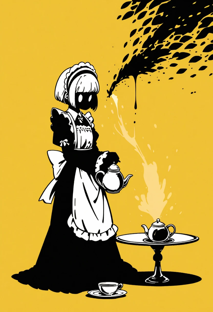  Black Silhouette Art,  young woman, Full body jet black , white short bob,  Victoria Maid,  minimalist, Yellow background, Long, narrow eyes:1.3, eyelash, Teapot, Pour tea into a teacup,  graceful silhouette ,  Graceful Pose 