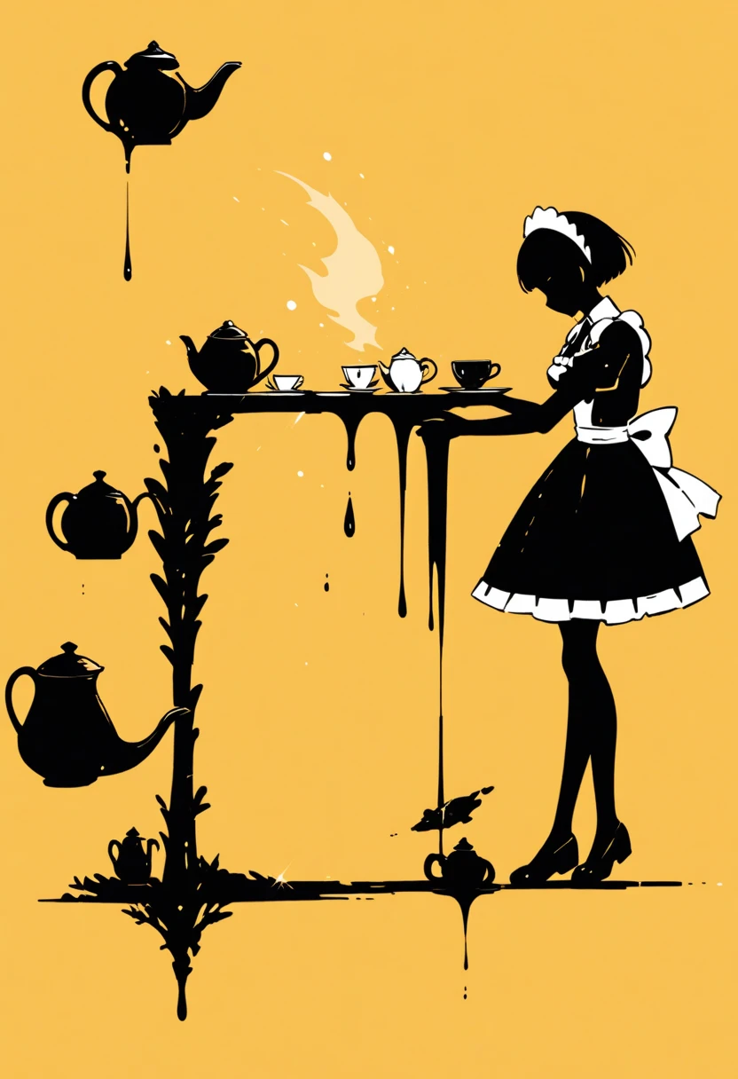  Black Silhouette Art,  young woman, Full body jet black , white short bob,  Victoria Maid,  minimalist, Yellow background, Long, narrow eyes:1.3, eyelash, Teapot, Pour tea into a teacup,  graceful silhouette ,  Graceful Pose 