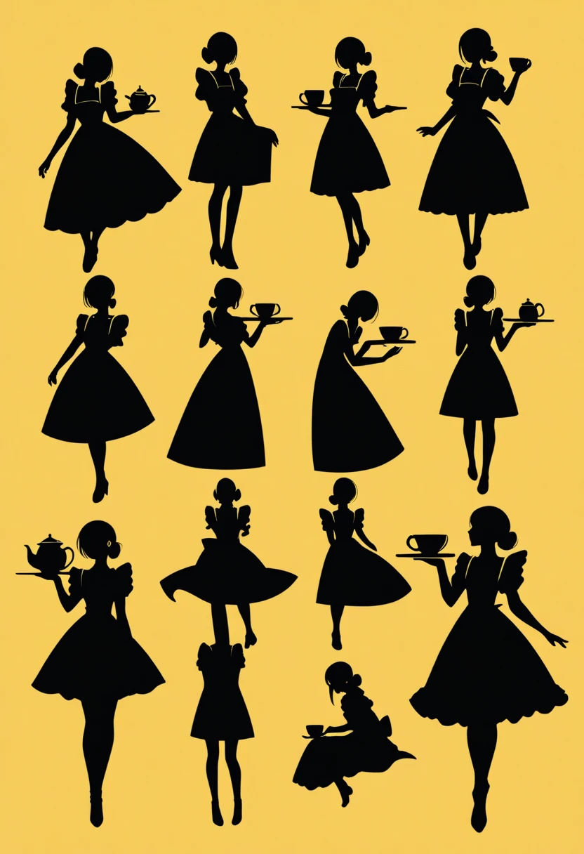  Black Silhouette Art,  young woman, Full body jet black , white short bob,  Victoria Maid,  minimalist, Yellow background, Long, narrow eyes:1.3, eyelash, Teapot, Pour tea into a teacup,  graceful silhouette ,  Graceful Pose 