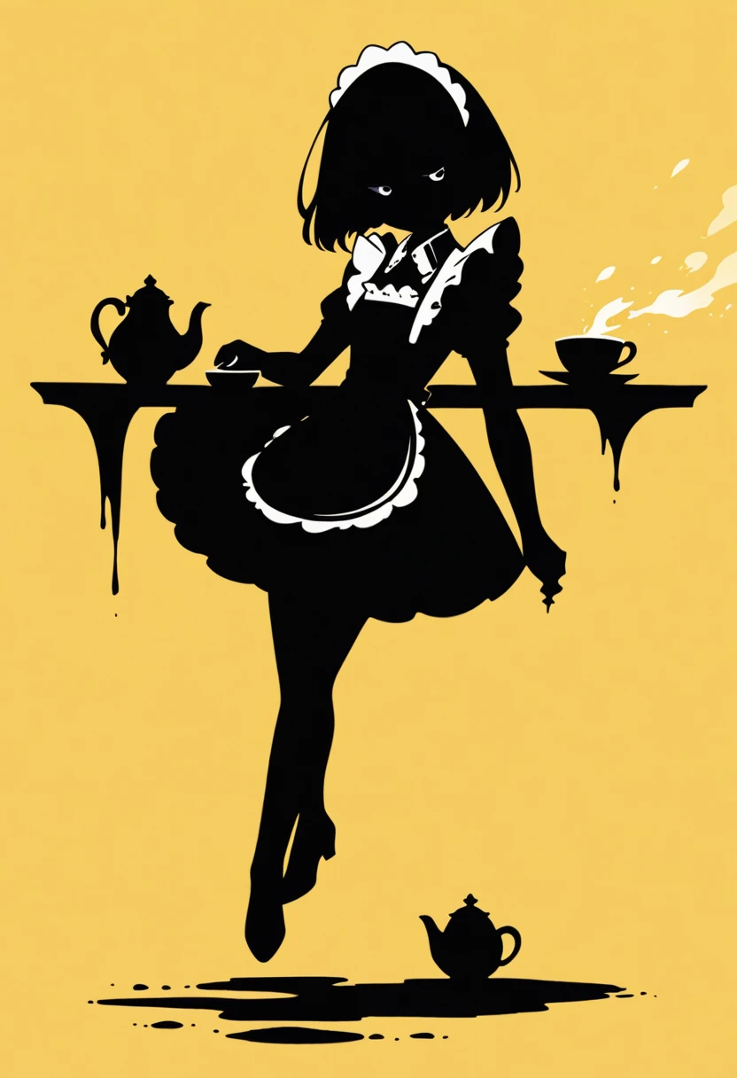  Black Silhouette Art,  young woman, Full body jet black , white short bob,  Victoria Maid,  minimalist, Yellow background, Long, narrow eyes:1.3, eyelash, Teapot, Pour tea into a teacup,  graceful silhouette ,  Graceful Pose 