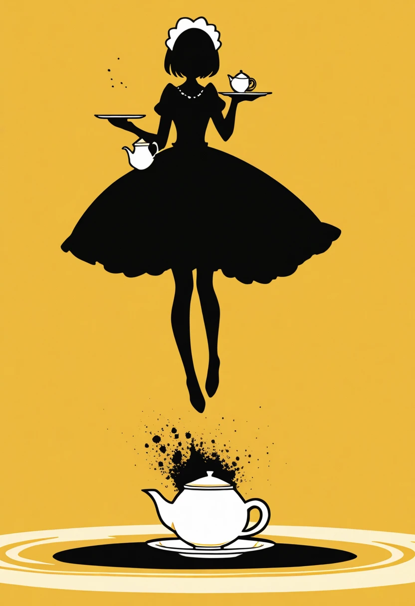  Black Silhouette Art,  young woman, Full body jet black , white short bob,  Victoria Maid,  minimalist, Yellow background, Long, narrow eyes:1.3, eyelash, Teapot, Pour tea into a teacup,  graceful silhouette ,  Graceful Pose 