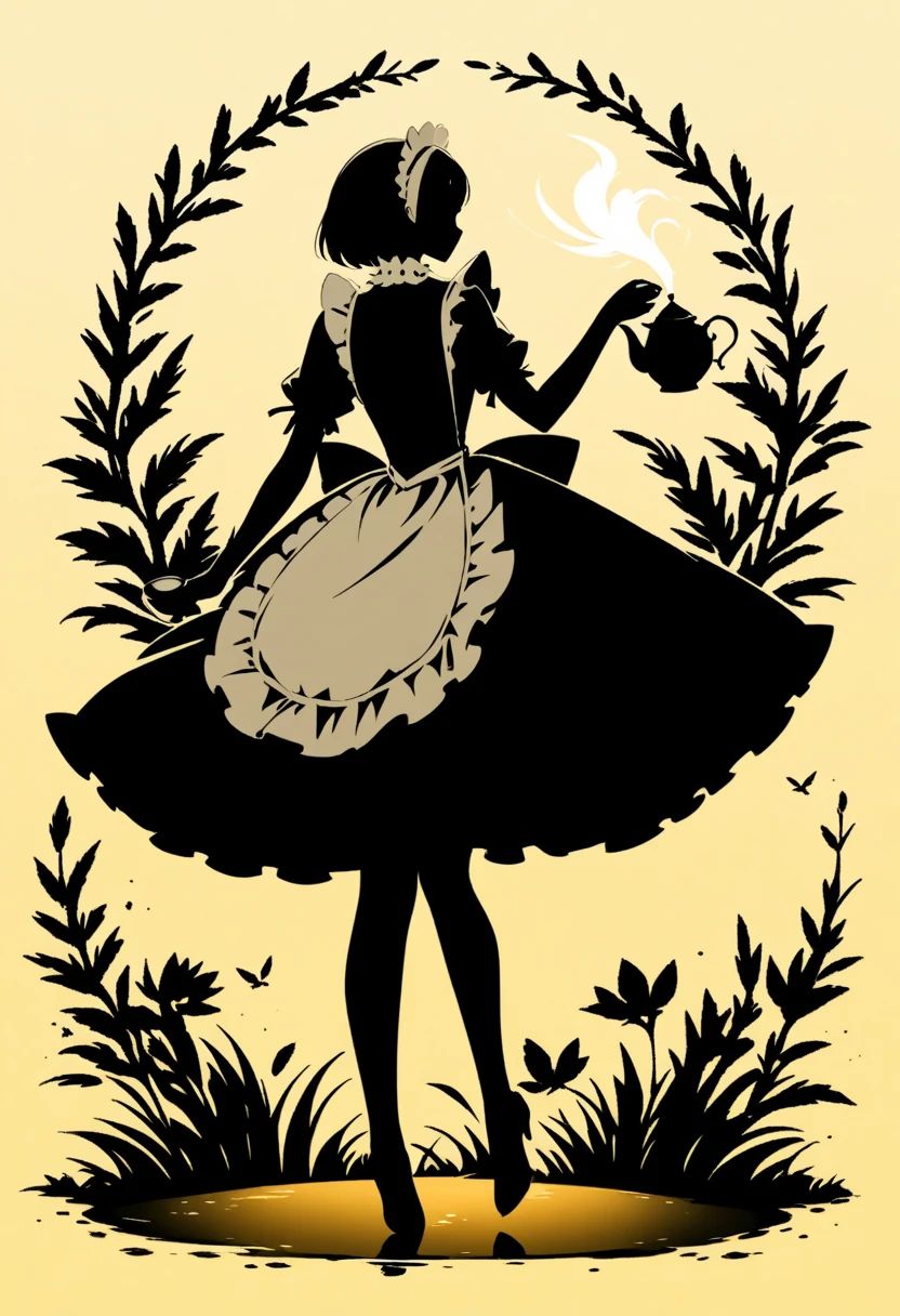  Black Silhouette Art,  young woman, Full body jet black , white short bob,  Victoria Maid,  minimalist, Yellow background, Long, narrow eyes:1.3, eyelash, Teapot, Pour tea into a teacup,  graceful silhouette ,  Graceful Pose 