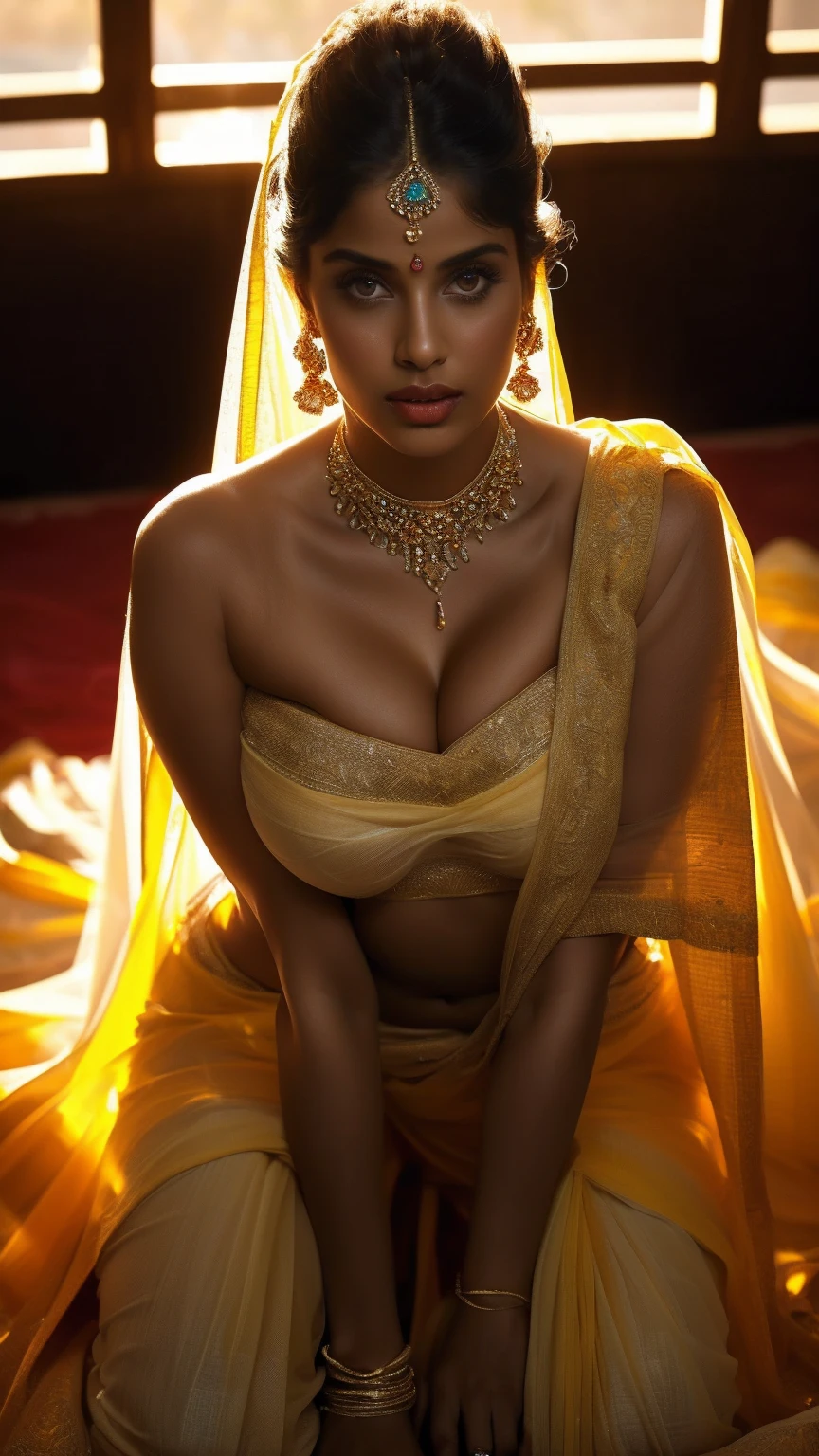 ((full body, curvy figure)), ((Indian milf, indian woman, milf)), (((ultra realistic))) Photo, masterpiece, top quality, (pale skin), (Ultra detailed face and eyes:1.2), 1 girl, Adult, ((in one size too transparent saree)), strapless saree blouse, ((very heavy eye makeup, mascara)), ((fake detailed lips)), ((shiny wavy hair)), ((Stylish hairstyle)) , (({Enormous|Gigantic|Big|Huge|Mega|Fake} pushed-up breasts)), (very slim waist). ((very huge cleavage)), photoshoot, (Soft) Lighting, (The play of light and shadows), depth of field, bokeh, (special attention to skin detail: 1.2), (special attention to enormous breast size: 1.2), (((special attention to extra tight clothing size: 1.2))), Detailed texture, skin pores, oily skin. (Erotic atmosphere of the frame.), UDR, ((Film grain)), ((rays)), (Glare), ((sexy body)) , ultra detialed, ((oily skin, oily body, shiny skin))((hands behind head, curvy figure, erotic poses, erotica, erotic smile, )) (( transparent saree ))((sitting, spreading legs wide open, curvy figure, kneeling, thin waist, thick thighs, pov from above)) sweaty skin , hand behind head, kneeling ((transparent netted yellow saree))