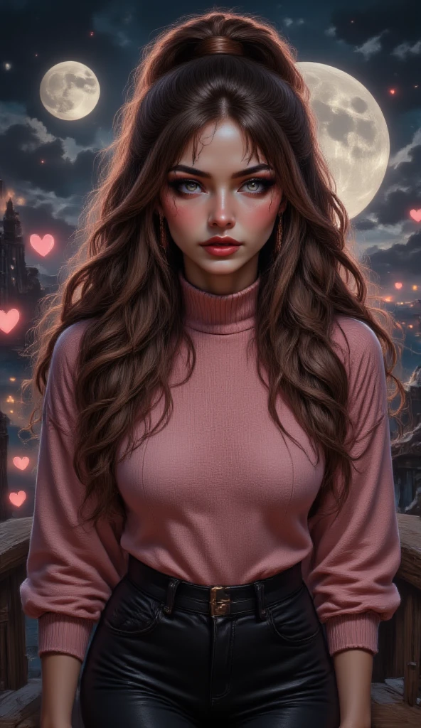 masterpiece, 8k, HDR, 3D, best quality, photograph, analog style, real life, extremely beautiful, (highly detailed, intricately detailed), (highly detailed skin), (alluring eyes), portrait of a glamorous female, long curly brown hair, brown eyes, long eyelashes, mascara, bright red lips, looking at viewer, sensual, swept bangs, brown ponytail, pink sweater, bare right shoulder, tight black pants, heterochromia, dark moonlit starry background, with glowing neon hearts, close up, dark shadows, realistic, indoor