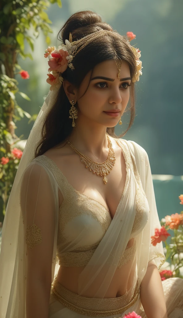 Best quality, portrait, masterpiece, 1 indian girl, solo, indian, walking on winter snowy forest, river flowing, braid hair, soft body, looking straight at the viewer, big eyes, white shirt and jeans, winter headwear, fully tattooed hands, 8k resolution, deep cleavage, nose ring, belly piercing, big breasts, insanely detailed, parted lips, perfect anatomy, perfect fingers, ambient lighting, forest, dawn