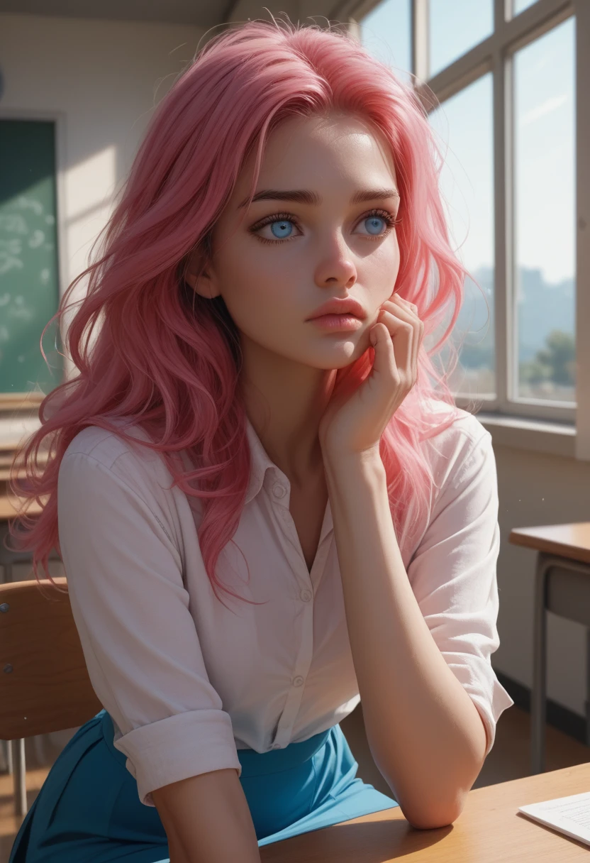  A very beautiful student , vista inferior, sitting in the classroom,  worried hand on forehead ,  Blue Eyes, long pink hair , roasted fine,  full lips ,  tight white shirt ,  white panties appear ,  very short blue skirt ,  vibrant colors,  sun rays shine through the window, Hair shines,  perfect anatomy ,rich details,