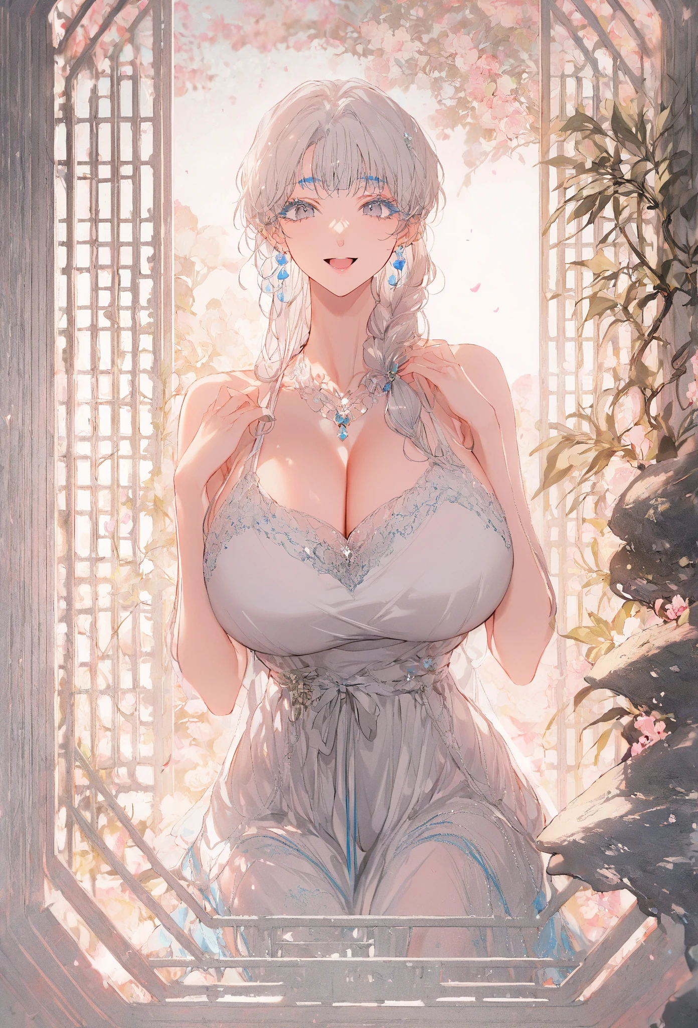 shoujo-style, masterpiece, best quality, 1 girl, (solo:1.1), huge breasts, gray eyes, side braid, bangs, white hair, colored eyelashes, white semi transparent camisole maxi dress, ((open mouth)), ((smile)), Narrow shoulders, looking at viewer, parted lips, full body shot, sitting, sitting in balcony, kingdom is visible from the balcony, blue sky, 