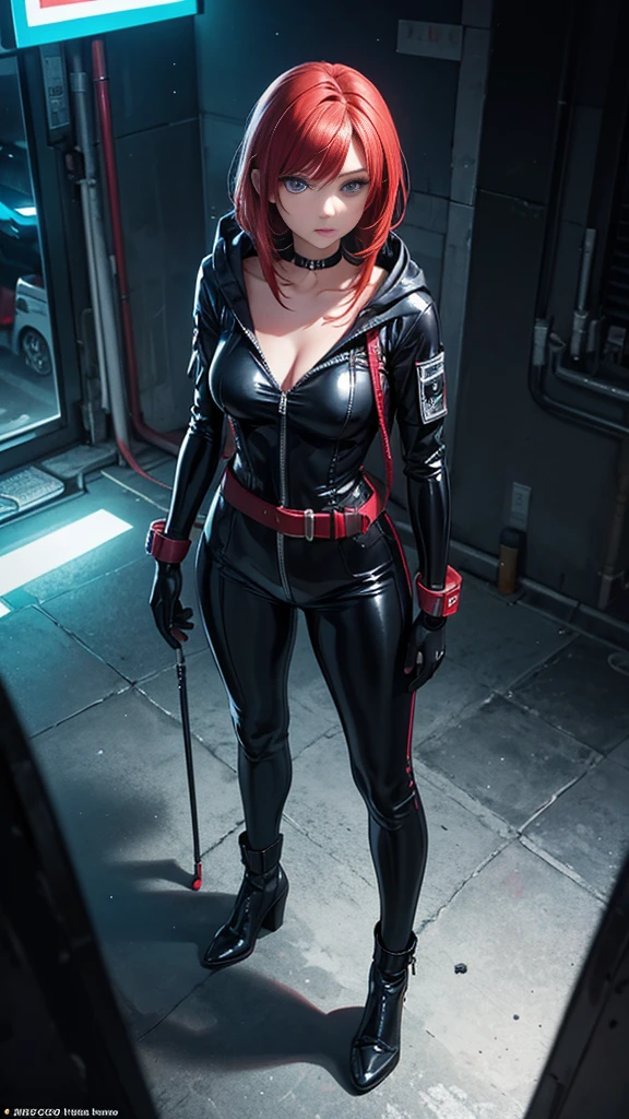 4k highly detailed realistic female supervillain dressed in cropped carbon fiber, burgundy hair in a short undercut bob hairstyle, hair covering one eye, ((sharp Jawline)), (full body Including Legs), Seduction and fantastic poses