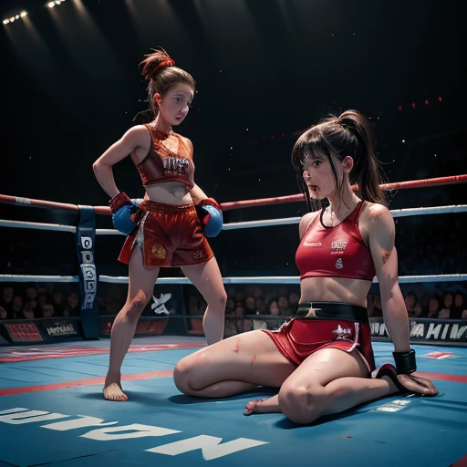 A female martial arts champion was trounced by a young girl challenger. The champion is left in a state of despair. The standing challenger looks happy. The champion's body is badly wounded, bloody, bruised and sweaty. The champion is sitting in the fighting ring.