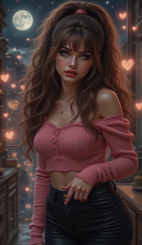 masterpiece, 8k, HDR, 3D, best quality, photograph, analog style, real life, extremely beautiful, (highly detailed, intricately detailed), (highly detailed skin), (alluring eyes), portrait of a glamorous female, long curly brown hair, brown eyes, long eyelashes, mascara, bright red lips, looking at viewer, sensual, swept bangs, brown ponytail, pink sweater, bare right shoulder, tight black pants, heterochromia, dark moonlit starry background, with glowing neon hearts, close up, dark shadows, realistic, indoor