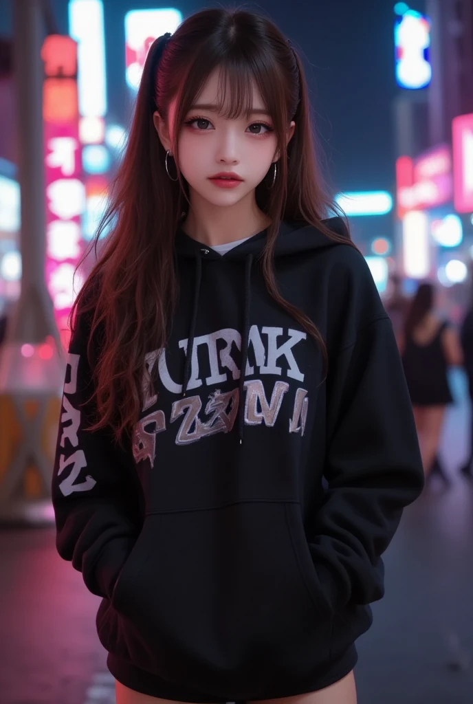 HD clear, best image, illustration quality, super detailed, clear face, a young girl in a black casual sweatshirt, standing on the street during the day
