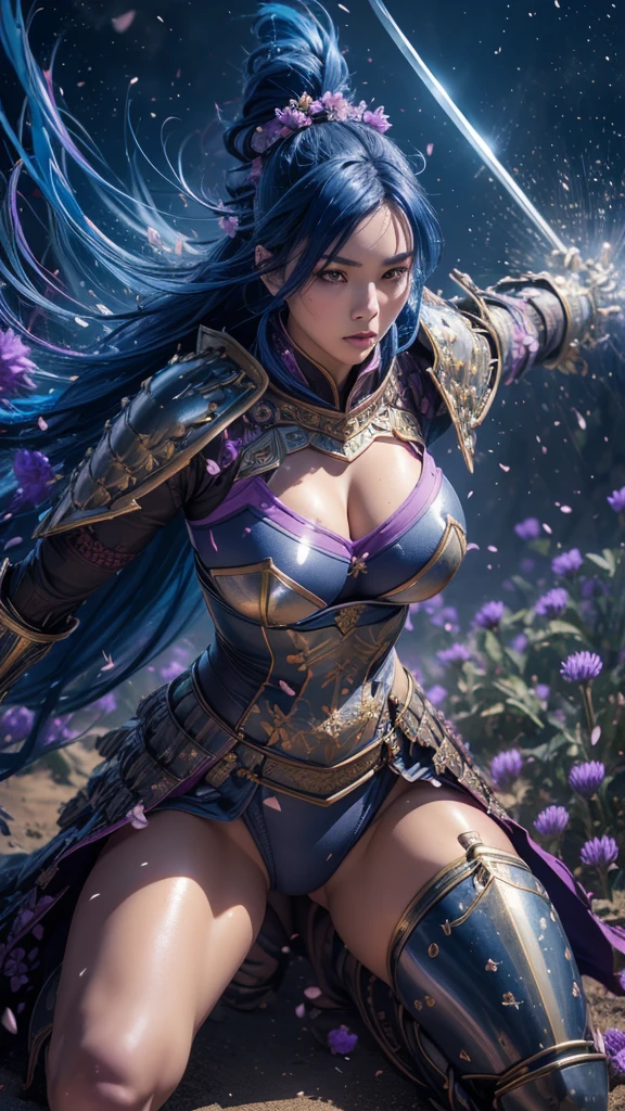  A young Japanese woman , warrior,  Wicked Expression ,,Combat Stance, wielding a sword,  very detailedな, ((realistic)),   full body view,(spread legs),    Brilliant Appearance , Creative Action,  extremely detailed, Imaginative,  sensual,  Spontaneous ,  top quality,  skin texture,  (((long hair))),  
 (((hair over eyes))),  ((midnight blue hair)),   toned body,  ((huge breasts)),  Big Breasts,   plump thighs,   purple armor with a thistle flower pattern engraved on it is a bikini type and is designed to emphasize chest exposure,  ( Wear a black cloak with a thistle flower pattern ),  peplum skirt,   black shin guard with thistle flowers engraved ,  White high-leg underwear ,  Black tights,   absolute domain,  Intricate Details , ( Cinematic Lighting ),  Dramatic lighting,  ((Clear Sky Thunderbolt)),  (( Full bloom thistle flowers are blooming in full bloom in the background )),  (( Large thistle flowers blooming in full bloom on the front )),    RAW photos , 8k, masterpiece,   top quality, ultra detailed , very detailed,  Intricate Details , high definition ,超 Intricate Details, very detailed 8k cg wallpaper,