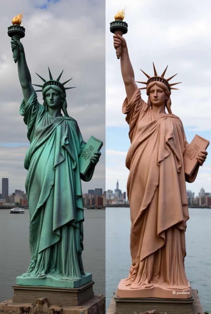 Two images, clothed and naked of statue of liberty 