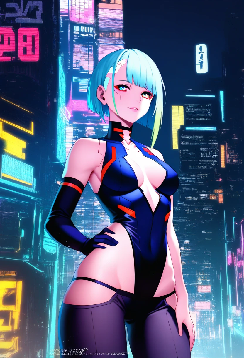 (masterpiece, detailed, high resolution:1.4), cyberpunk, cyberpunk 2077, cyberpunk night city neon background, sea, beach, palm trees, green-blue glitch effect around the arm, purple-pink neon glow, lucy, torso, fluorescent yellow, light green, purple, mint