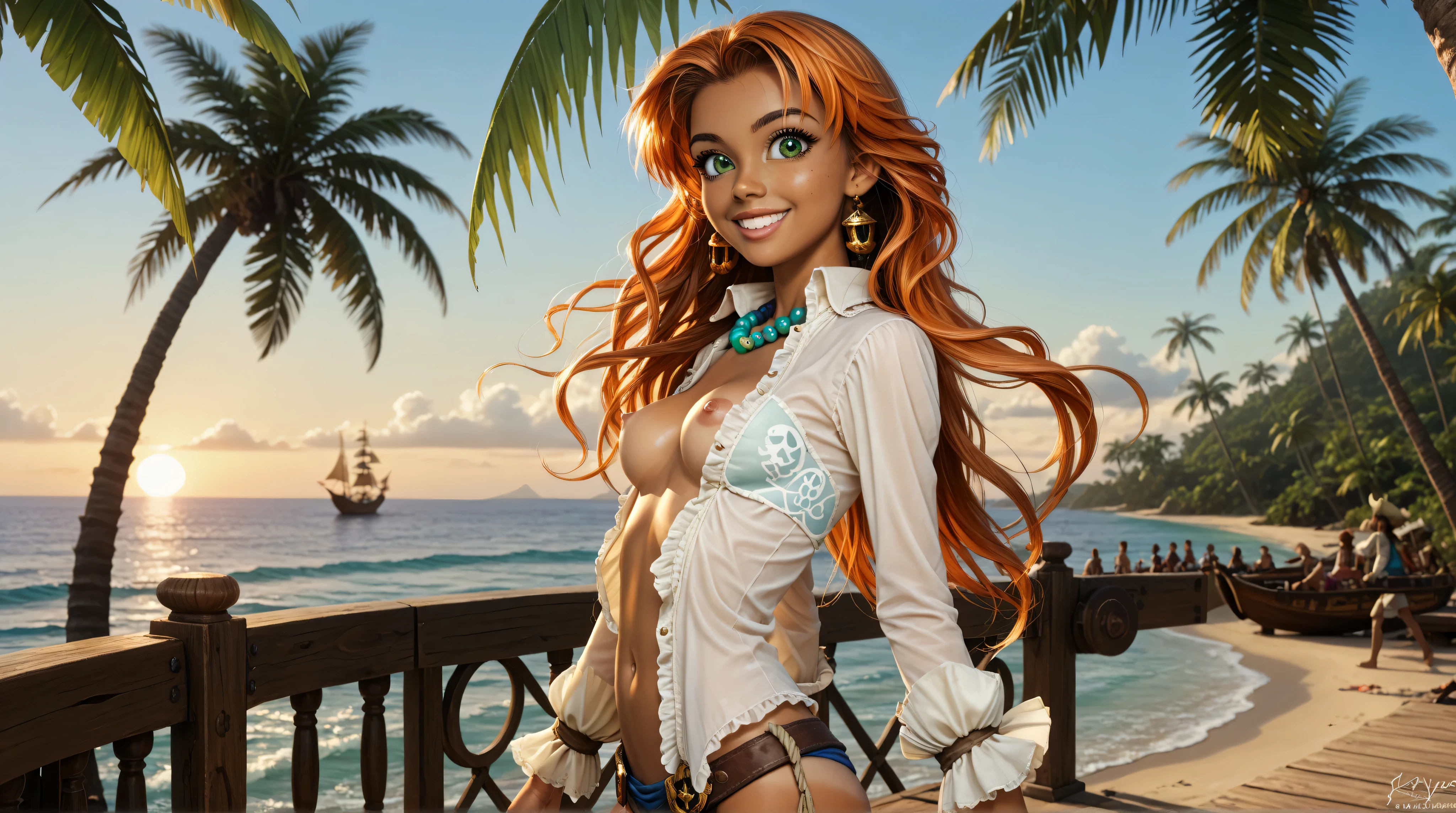 (Masterpiece), (Hi Res), (Artwork), (8K), young, cute, A beautiful pirate girl walking on a Caribbean beach wearing very loose clothes blowing in the wind. ((1girl, solo, one girl)), year is 1700's, (cute, yr, young), ((portrait, 3/4 body shot, cowboy shot)), (petite skinny girl), Pirate Cosplay, ((pirate girl)), ((Green eyes)), (orange hair), (Long hair), (beads), beaded necklace, jewelry, skinny, smile, big eyes, (dark tan), ((perfect ass)), small hips, perky breasts, white strapless hauler-top, ((open shirt, pointy nipples, exposed breast)), standing, posing, tan leather bands around her upper arms, (walking away), ((looking over her shoulder)), background tropical island, Caribbean island, jungle, palm trees, sunset, beach, vibrant colors, lagoon,