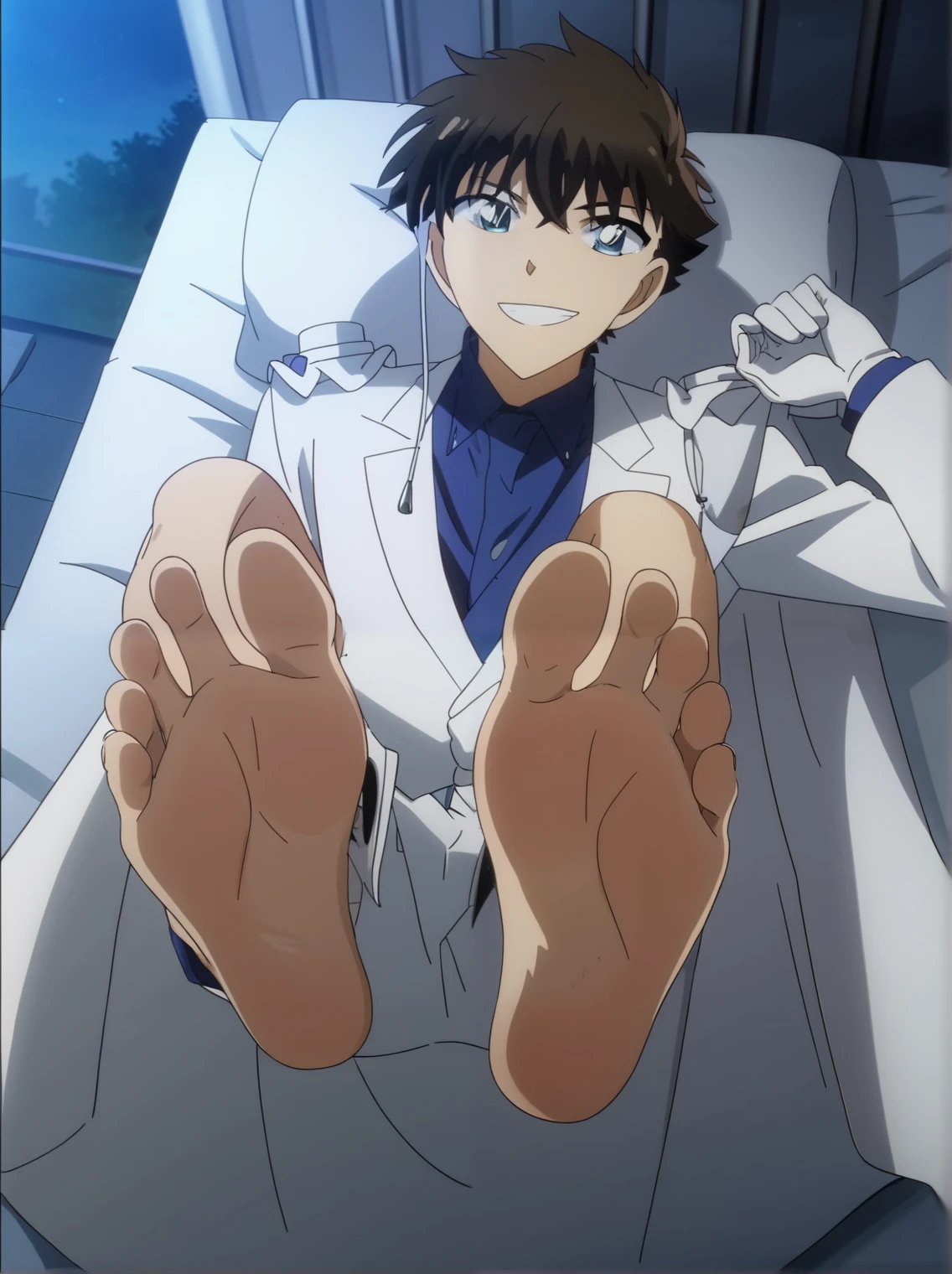 Score_9, score_8_up, source_anime, 1boy, Kaito Kuroba, big eyes, alone, looking at viewer, blue shirt, white jacket, white mantle, white gloves, night, in his bedroom, lying on the bed, lifting legs to show his soles, flirty smile, cowboy shot, ANIME SCREENCAP, anime coloring, barefoot, perfect feet, anatomically correct, soles, from above, focal length 35mm, each foot has five toes, front, symmetrical soles, foot focus