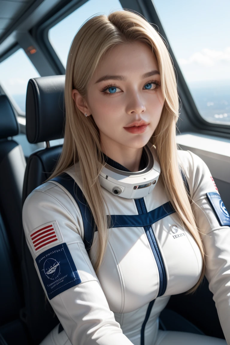 Una joven rubia sexy con pelo corto y ropa caliente se sienta en un asiento en una nave espacial y la ventana puede mostrar hermosas estrellas