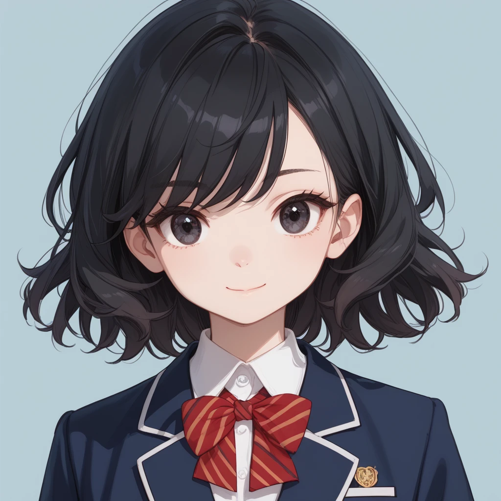   top quality, (yo:1.0),  black hair, bright hair, medium wolf cut hair, swept bangs, school uniform, Unbreakable fingers,  top qualityの指,  closed mouth, Dark Eyes,  blazer, Navy blue clothes,  Red Ribbons , ish, Round eyes, School, light smile,