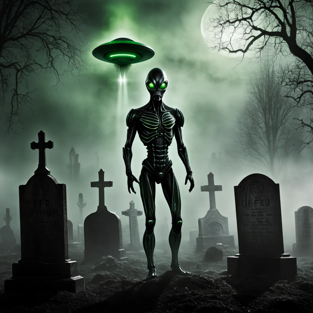 A humanoid alien in a glowing futuristic suit stands in a foggy graveyard at night. Around him, skeletons rise from their graves, their movements stiff and unnatural. The alien points toward a large UFO hovering in the sky, which emits green light beams that illuminate the skeletons and tombstones. The atmosphere is theatrical and surreal, blending retro sci-fi with gothic horror. Keywords: (alien commander:1.4), (skeletons rising from graves:1.5), (graveyard:1.4), (UFO:1.4), (foggy atmosphere:1.3), (gothic horror:1.3), (retro sci-fi:1.2)